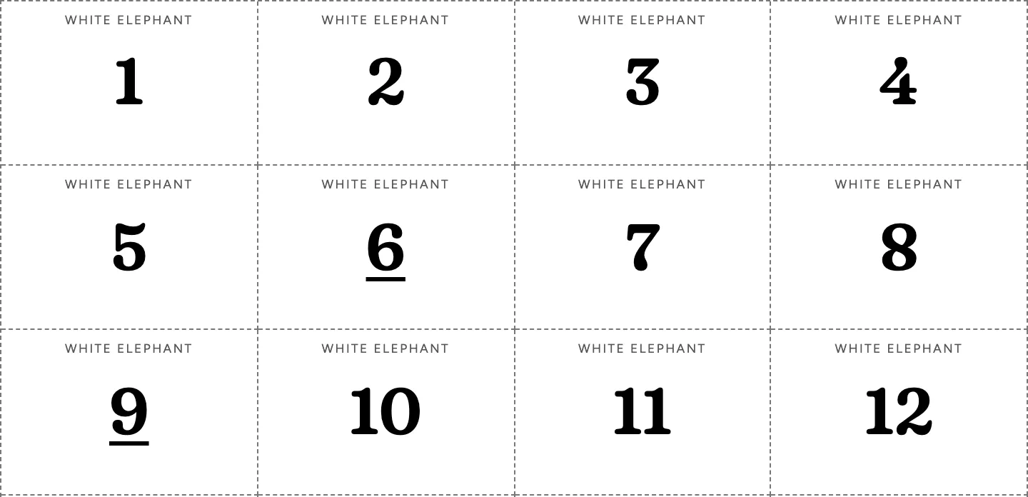 White Elephant numbers printable: cut-out slips numbered 1 to 12, four across, from the top of a page of 32