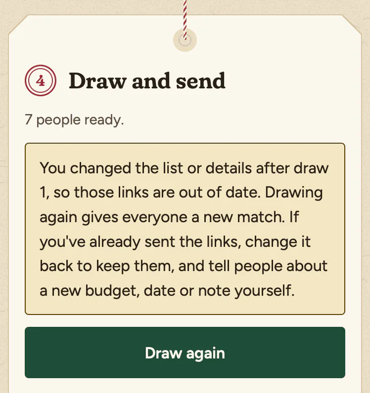 The Draw and send step with 7 people ready and a note: You changed the list or details after draw 1, so those links are out of date. Drawing again gives everyone a new match. If you've already sent the links, change it back to keep them, and tell people about a new budget, date or note yourself. Below it is the Draw again button.