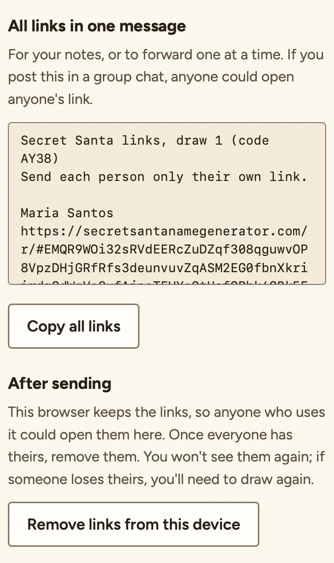 Two parts of the draw page. All links in one message, with the note: For your notes, or to forward one at a time. If you post this in a group chat, anyone could open anyone's link. Then a box with each name and its link, and a Copy all links button. Below, After sending, with a note that this browser keeps the links and a Remove links from this device button.